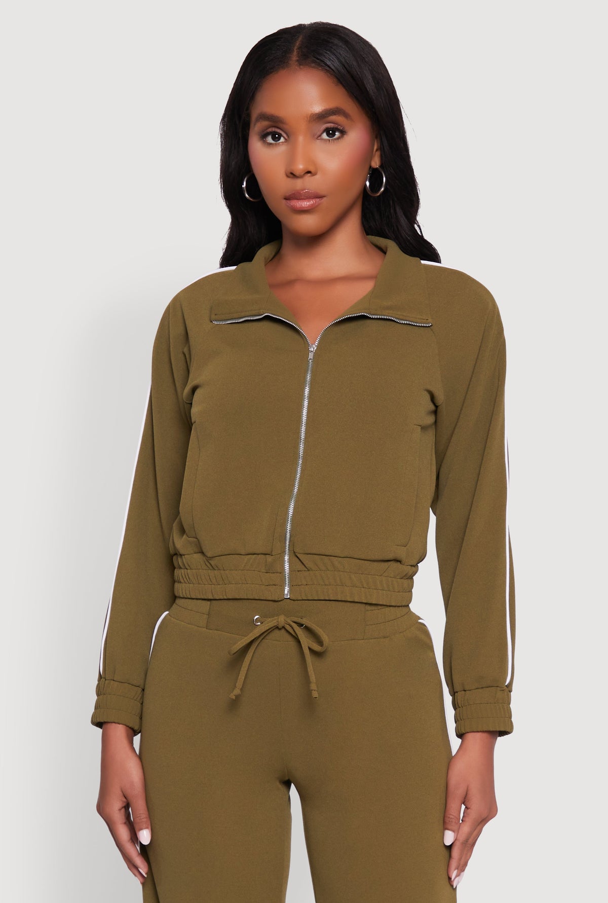 Crepe Knit Zip Front Jacket with Contrast Piping