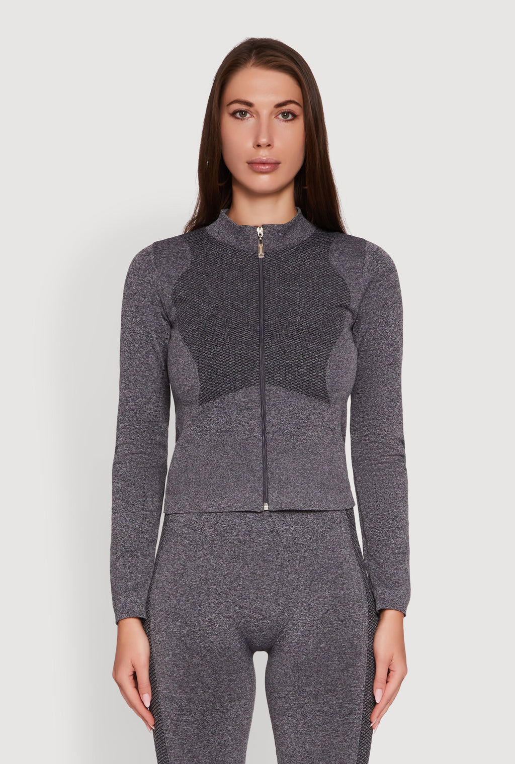 Seamless Marled Mock Neck Long Sleeve Track Jacket