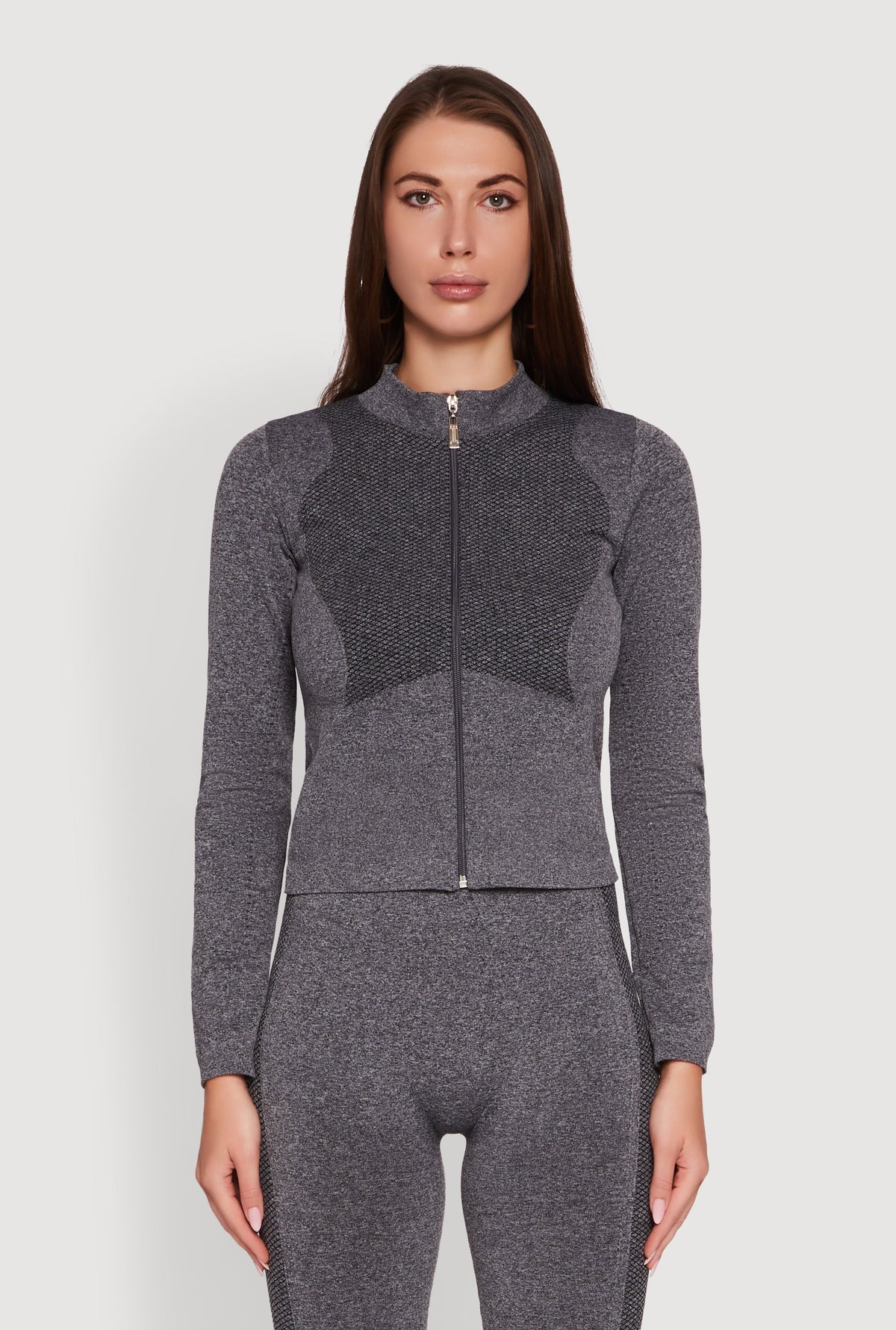 Seamless Marled Mock Neck Long Sleeve Track Jacket