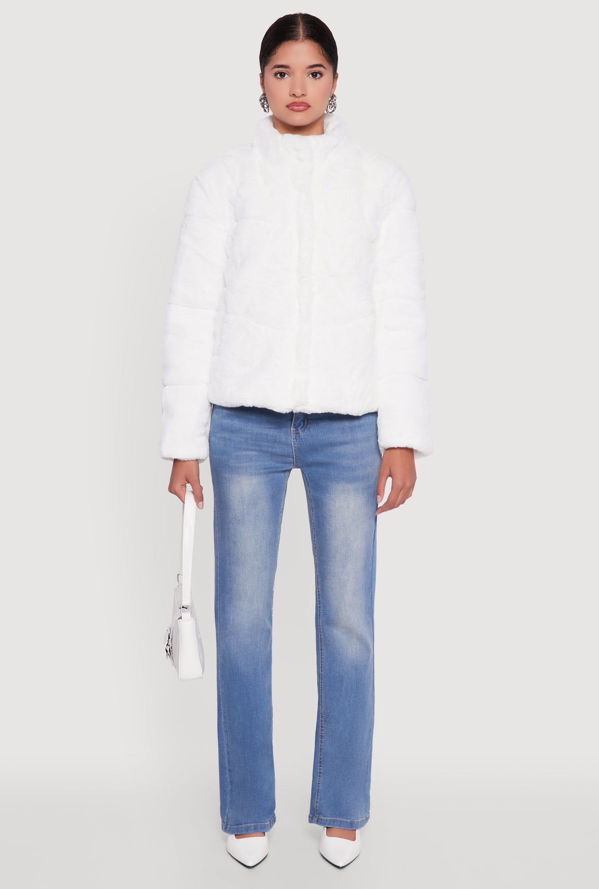 Mock Neck Zip Front Faux Fur Jacket