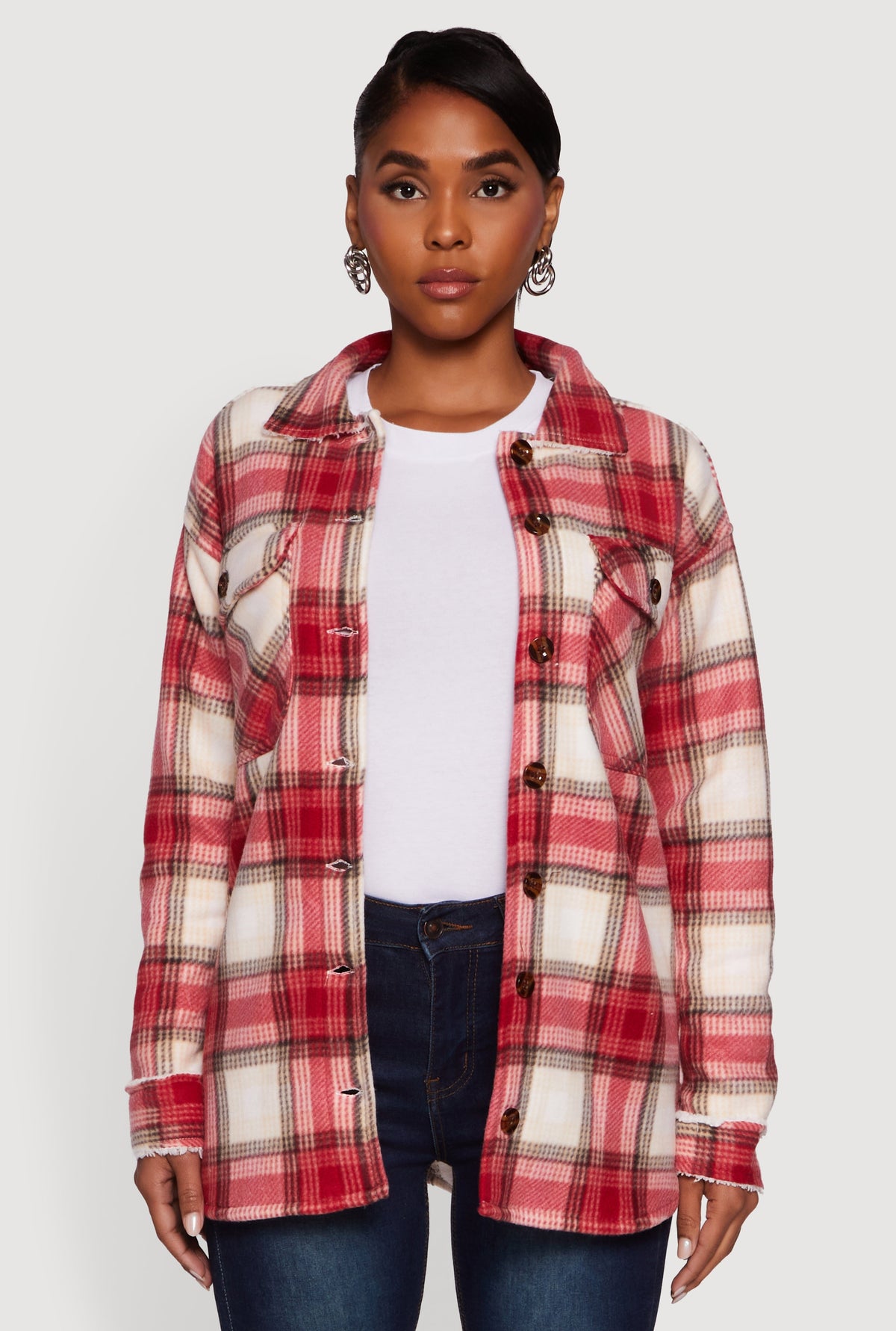 Plaid Sherpa Lined Fleece Long Sleeve Button Front Jacket
