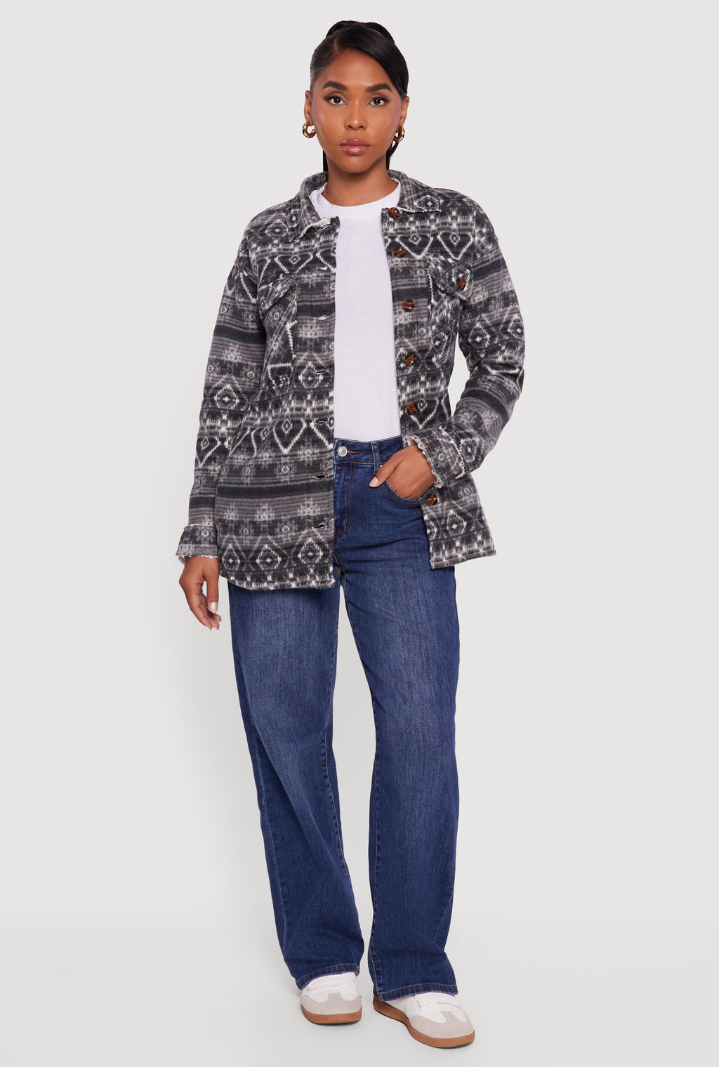 Fair Isle Print Sherpa Lined  Fleece Shacket