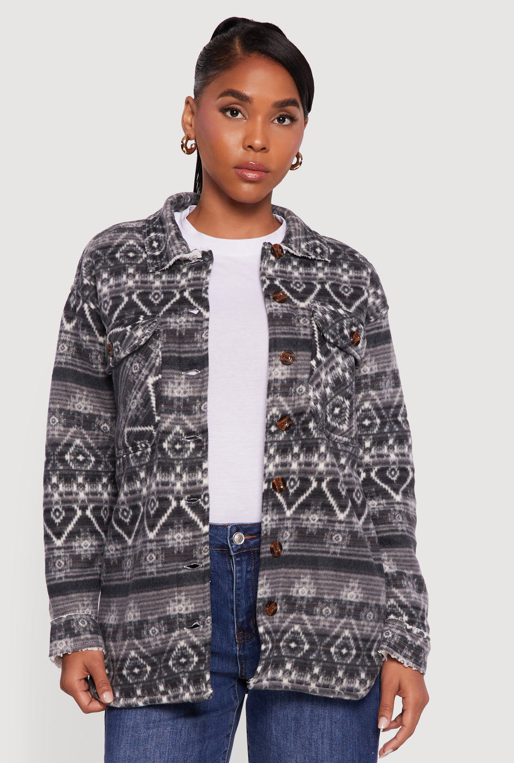 Fair Isle Print Sherpa Lined  Fleece Shacket