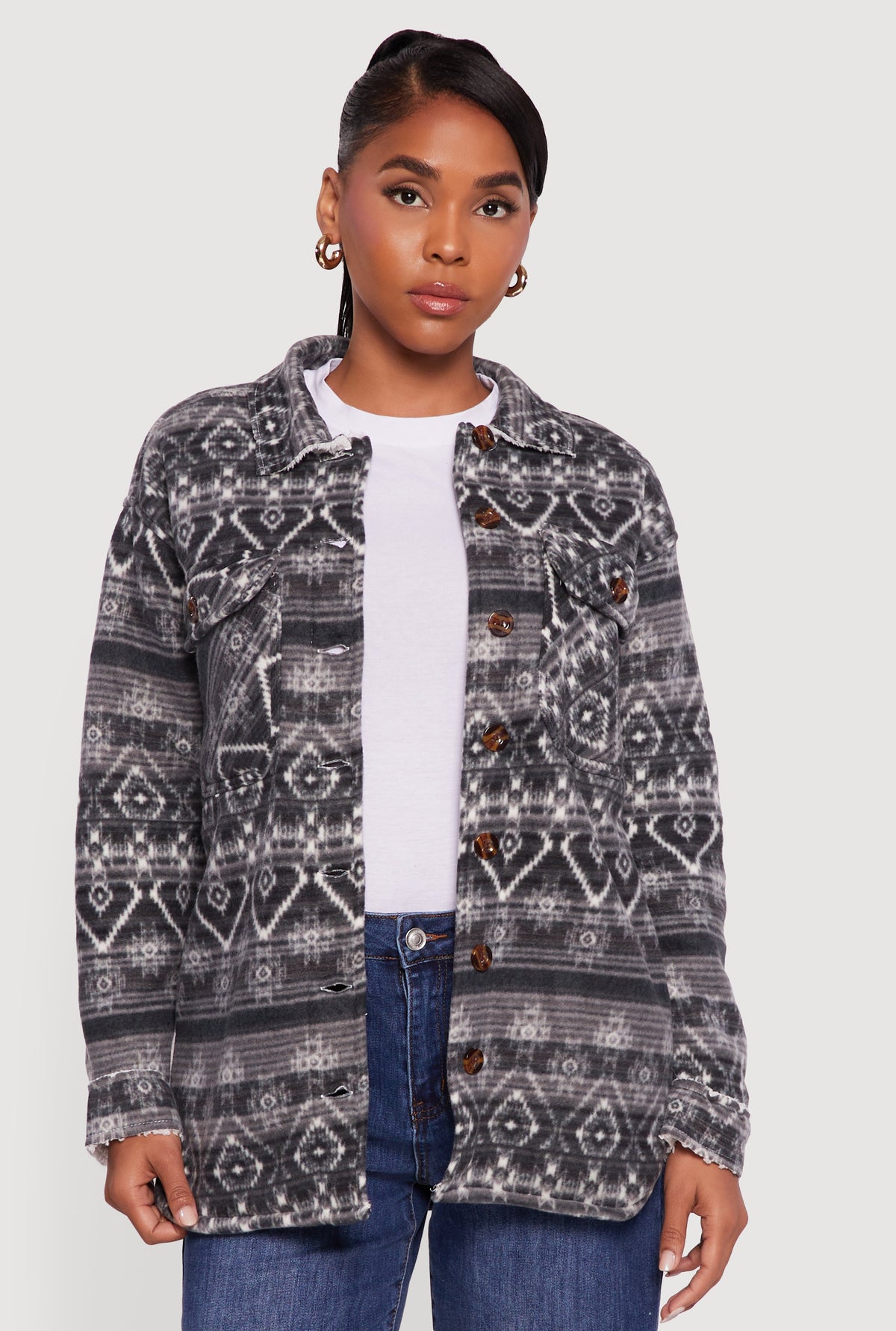 Fair Isle Print Sherpa Lined  Fleece Shacket