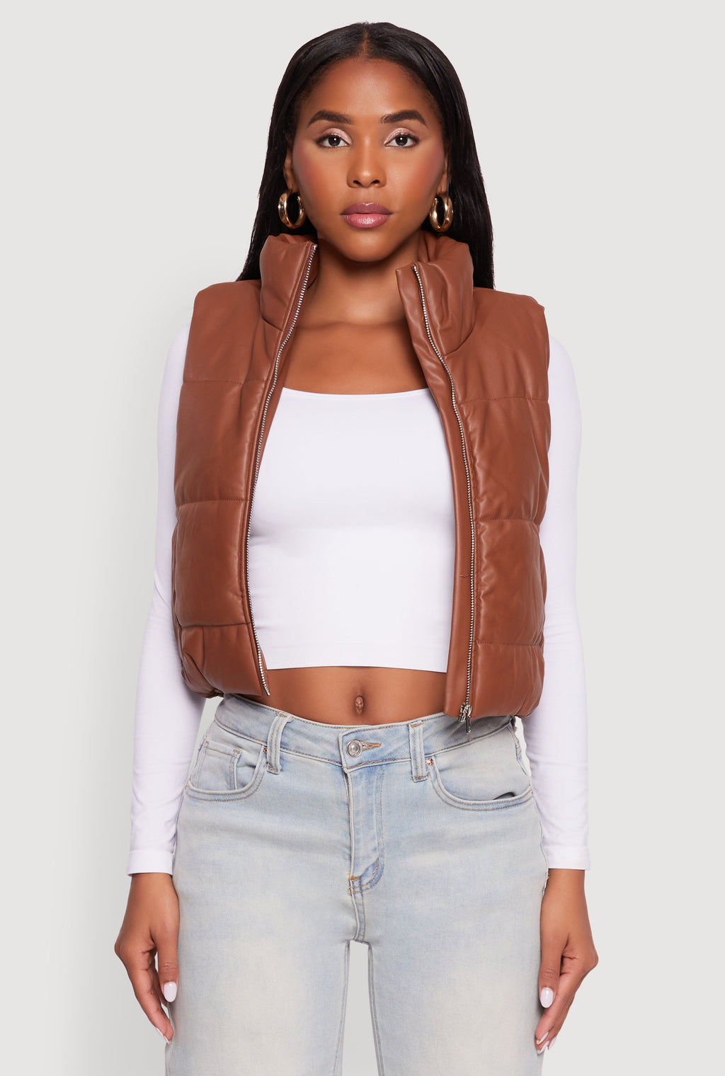 Faux Leather Mock Neck Puffer Vest