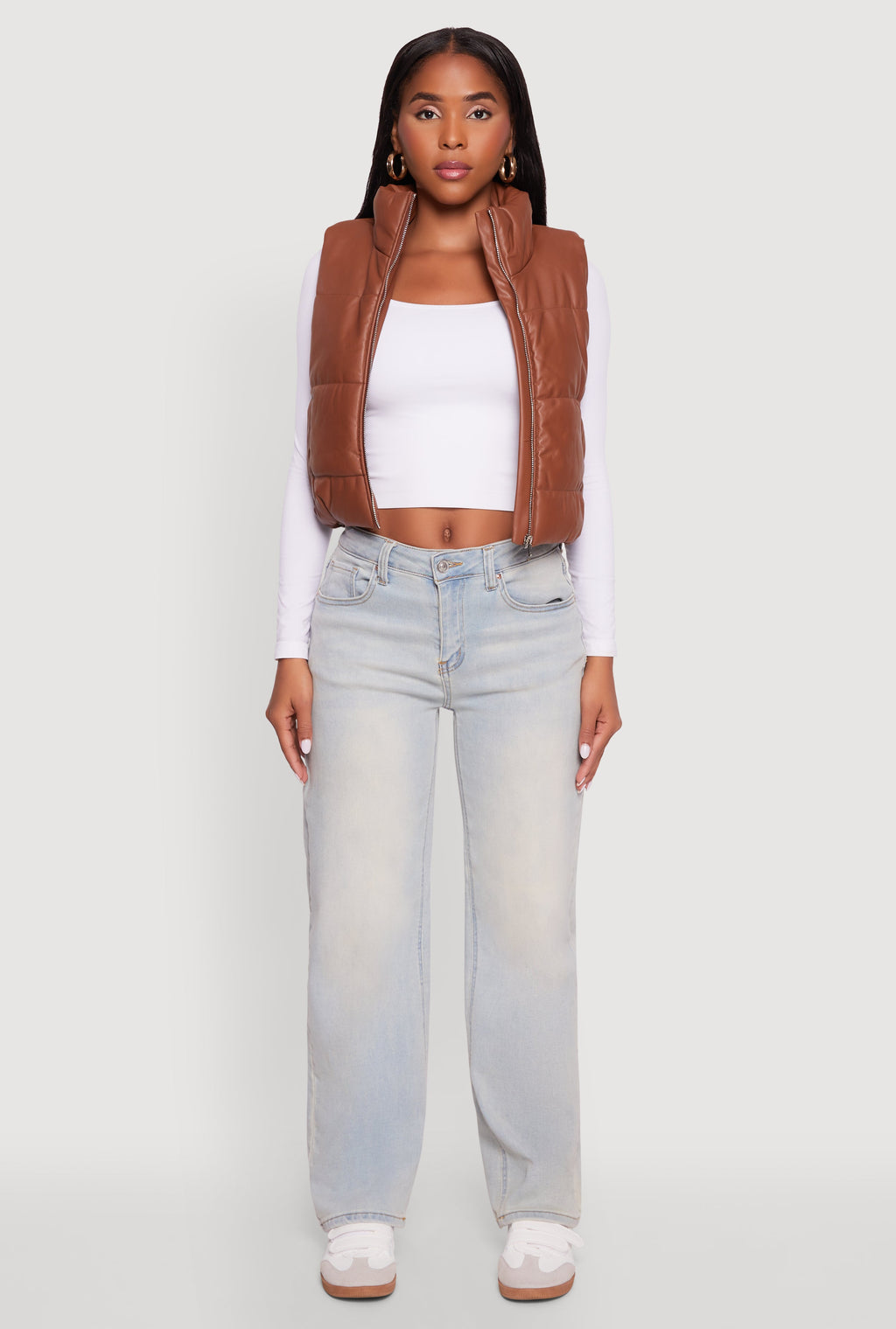 Faux Leather Mock Neck Puffer Vest