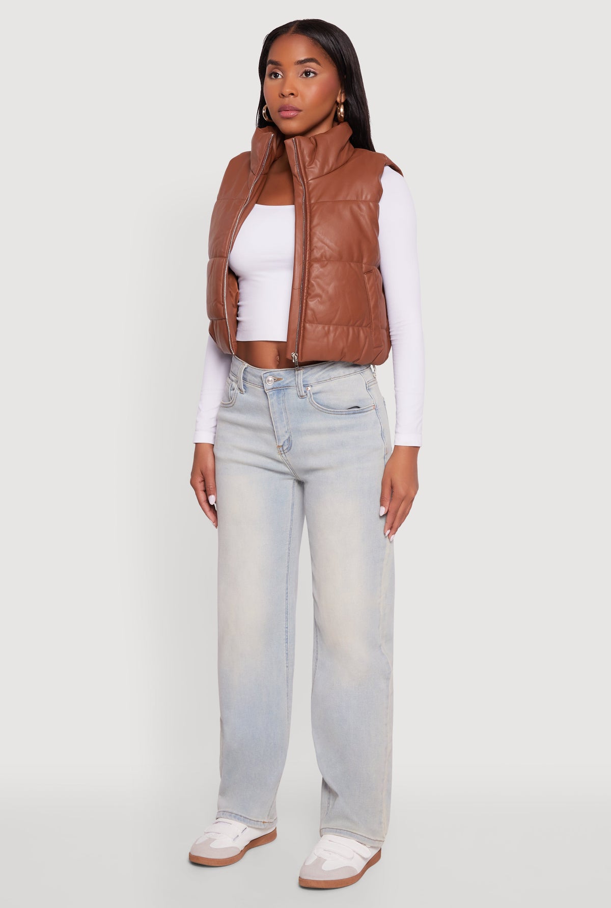 Faux Leather Mock Neck Puffer Vest