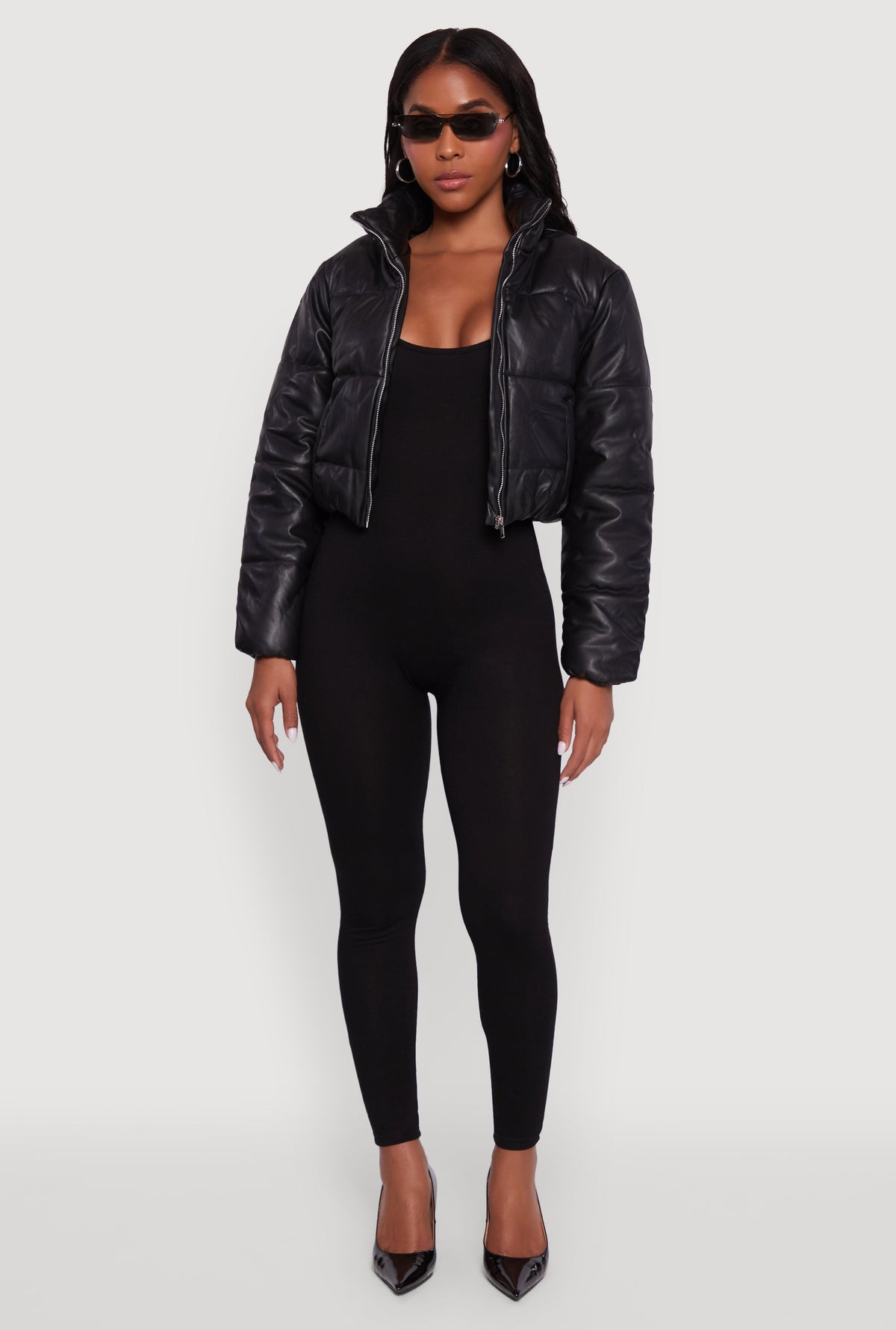 Cropped Faux Leather Puffer Jacket