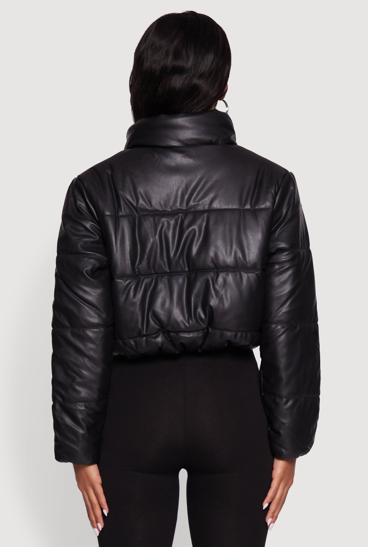 Cropped Faux Leather Puffer Jacket