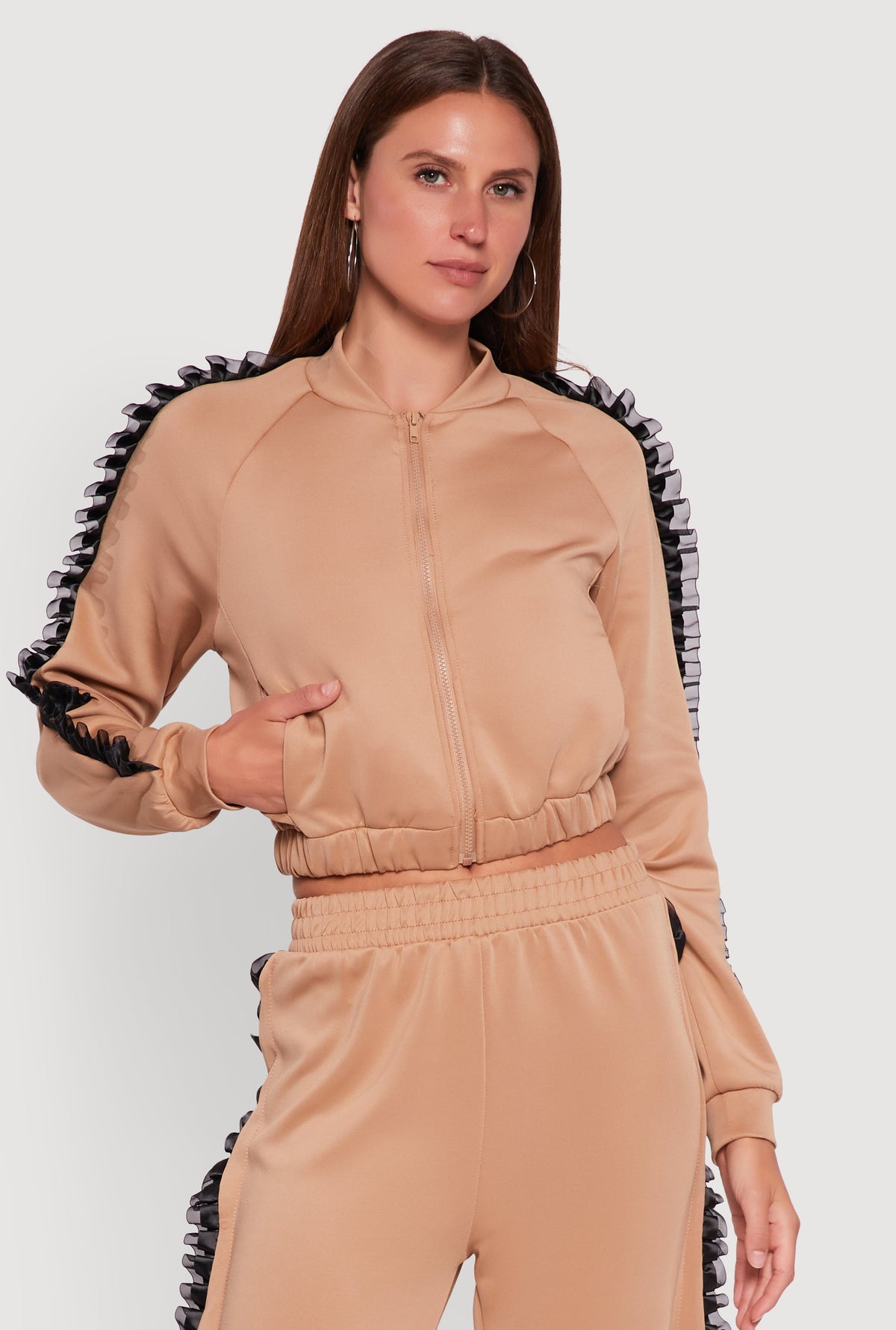 Ruffle Chiffon Organza Long Sleeve Zip Front Jacket