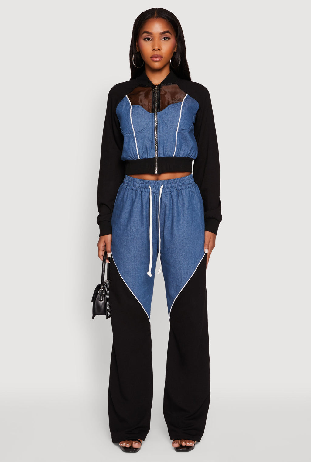 Color Block Sheer Insert Bustier Detail Bomber Jacket
