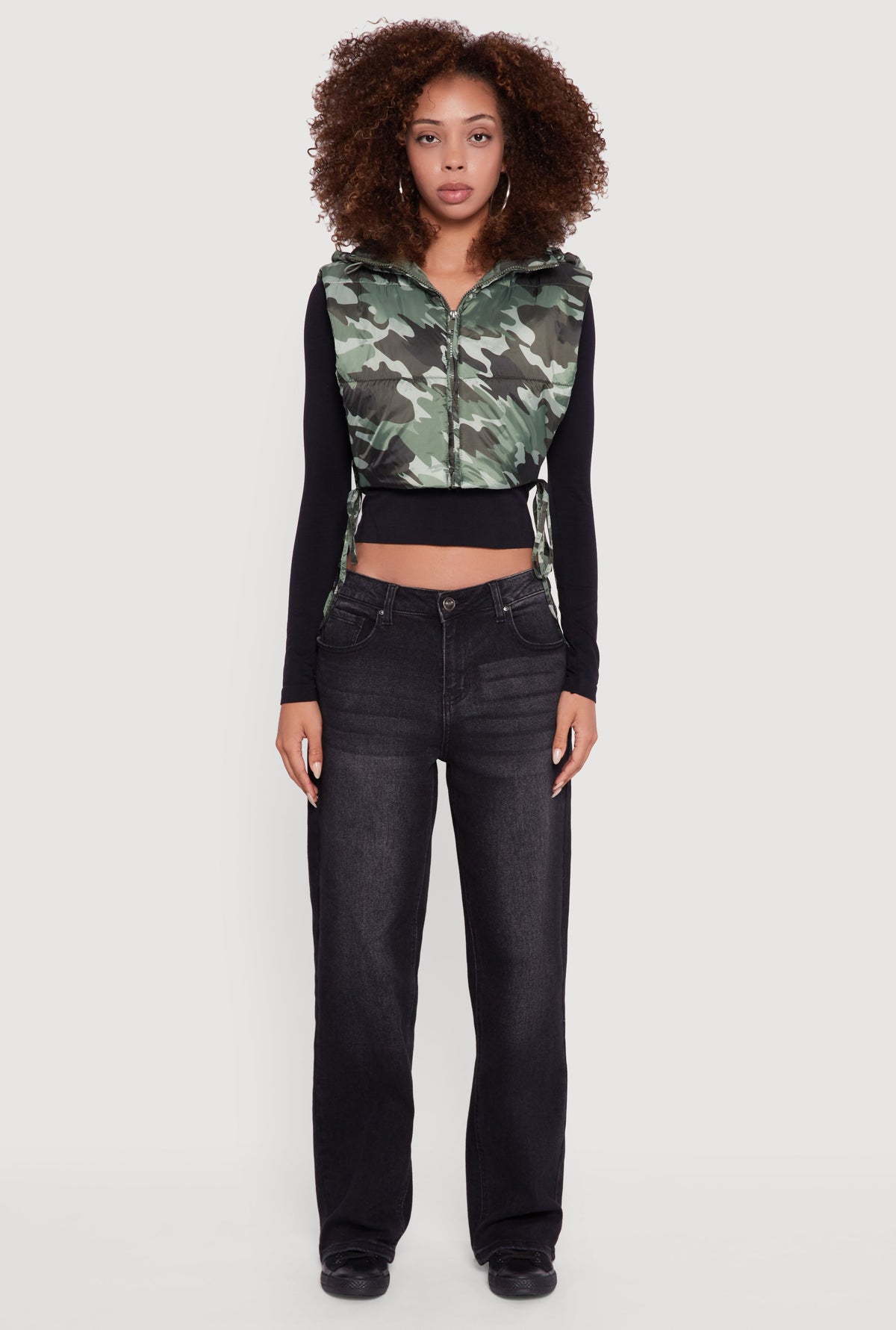 Hooded Cropped Puffer Vest with Open Tie Sides