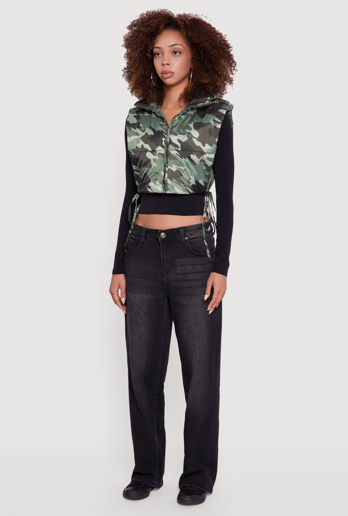 Hooded Cropped Puffer Vest with Open Tie Sides