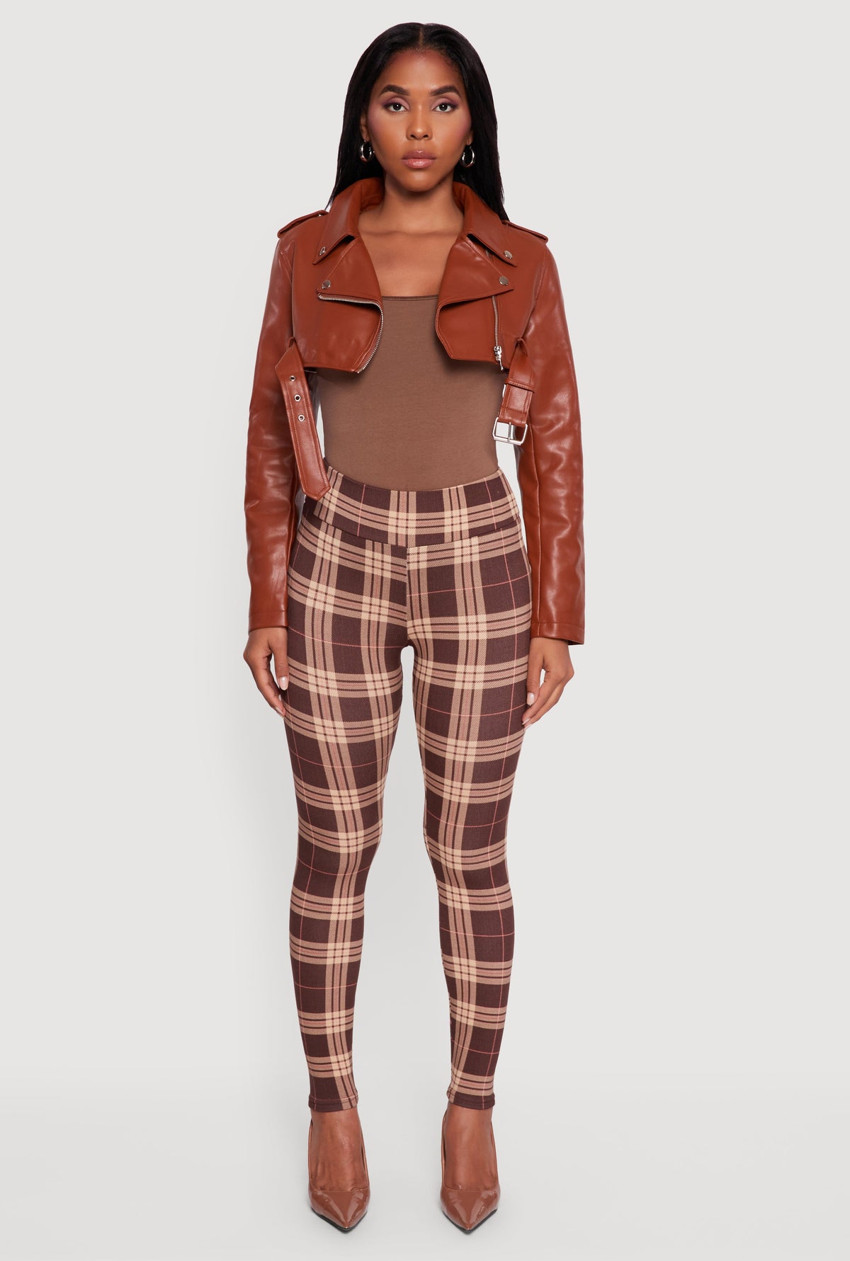 Faux Leather Cropped Moto Jacket with Belted Hem