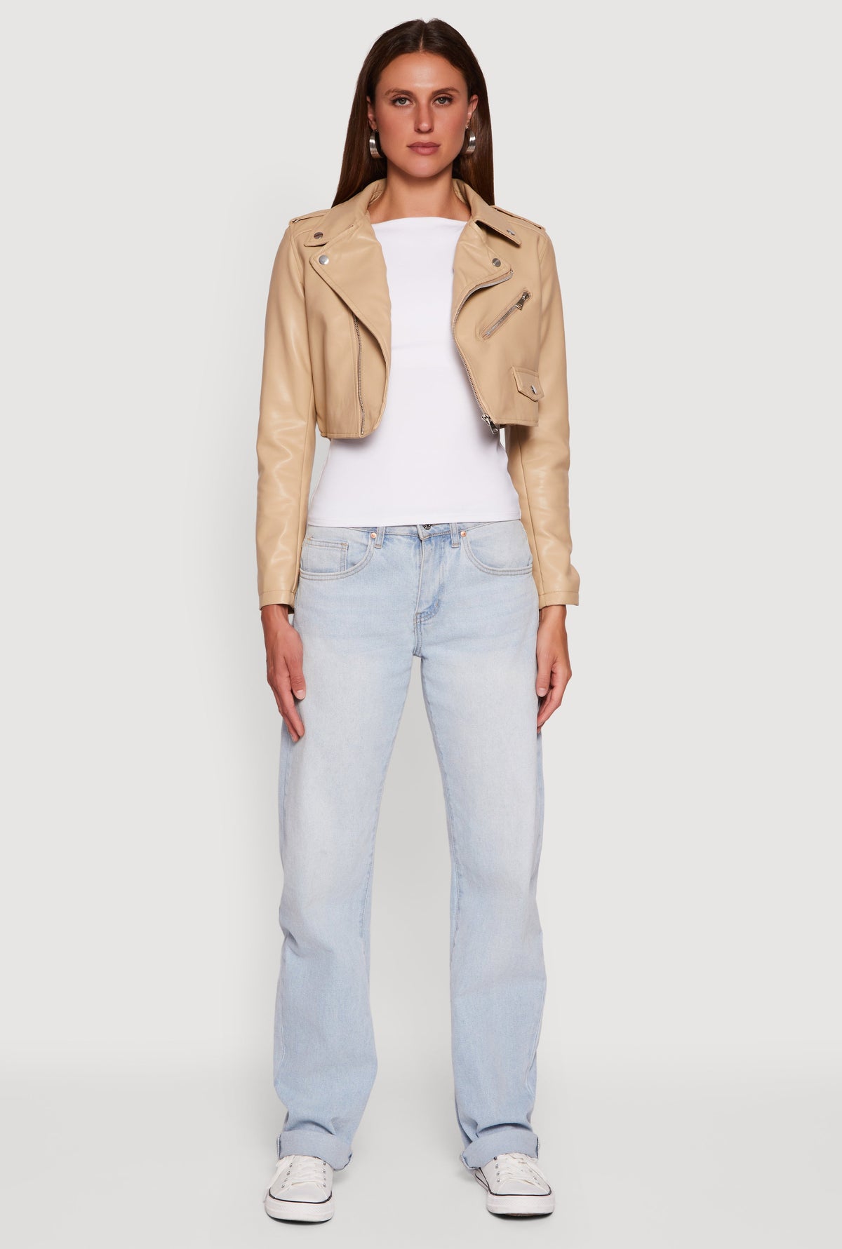 Faux Leather Long Sleeve Cropped Moto Jacket