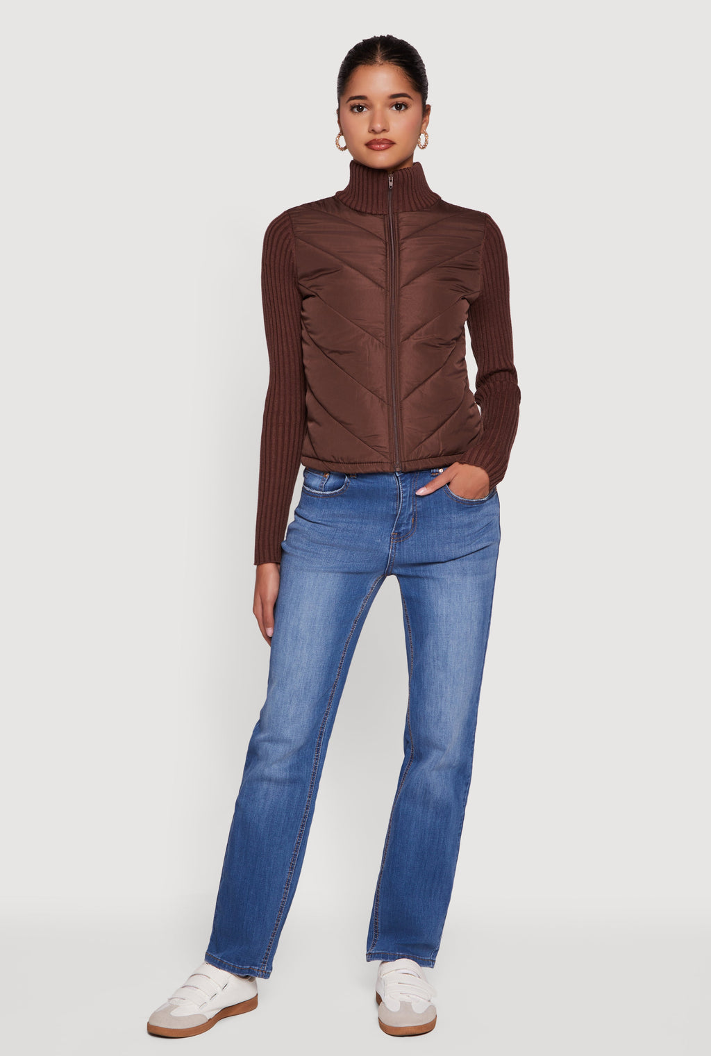 Quilted Puffer Jacket with Ribbed Knit Sleeves