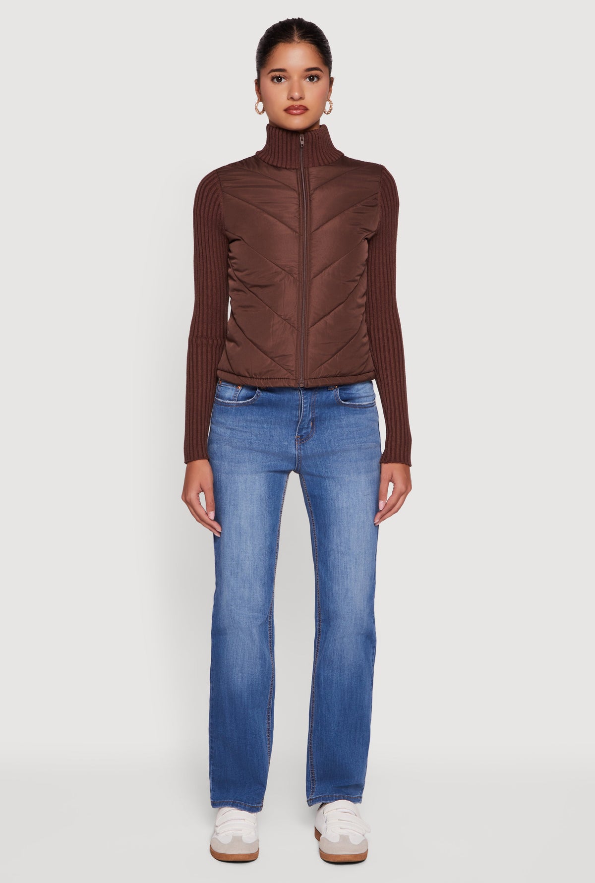 Quilted Puffer Jacket with Ribbed Knit Sleeves